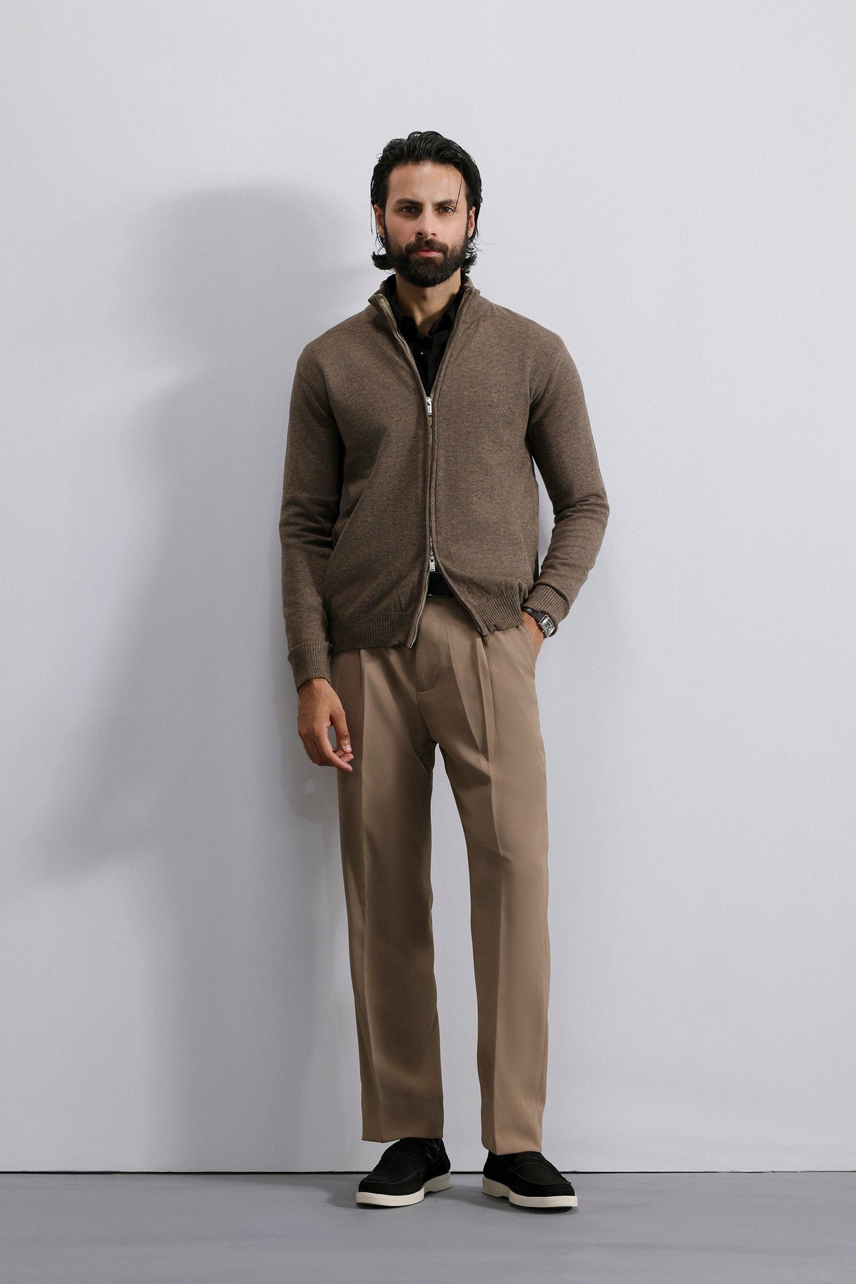 Washed Texture Knit Zip Sweater