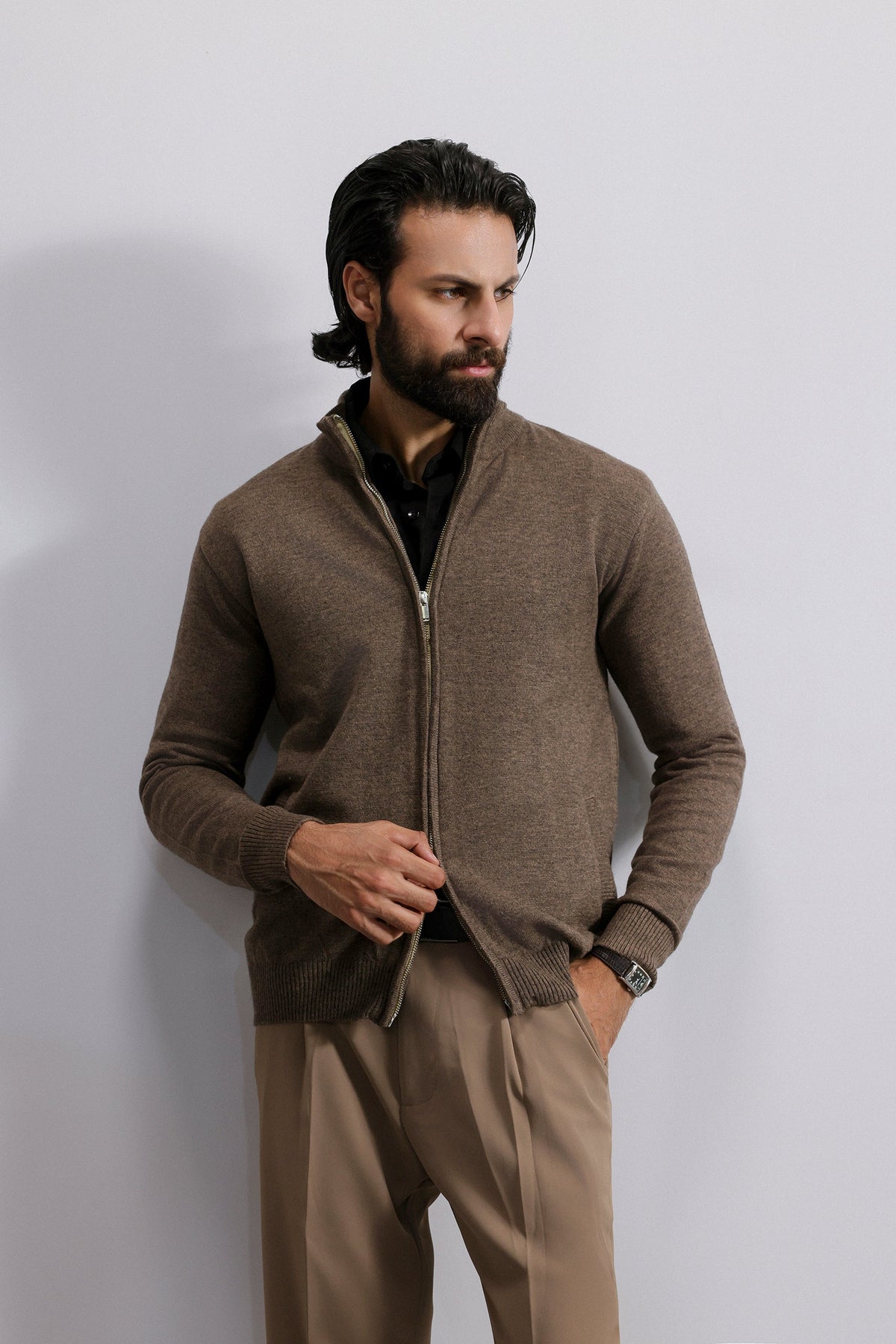 Washed Texture Knit Zip Sweater